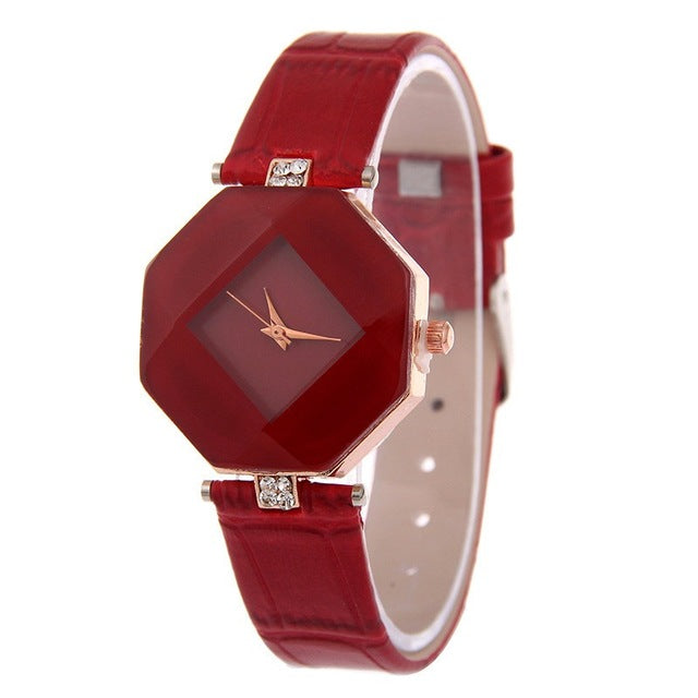 Women Watches Gem Cut Geometry Crystal Leather Quartz Wristwatch