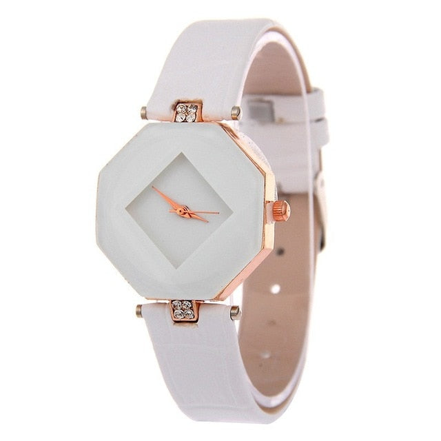 Women Watches Gem Cut Geometry Crystal Leather Quartz Wristwatch