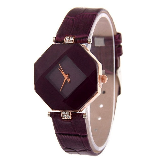 Women Watches Gem Cut Geometry Crystal Leather Quartz Wristwatch