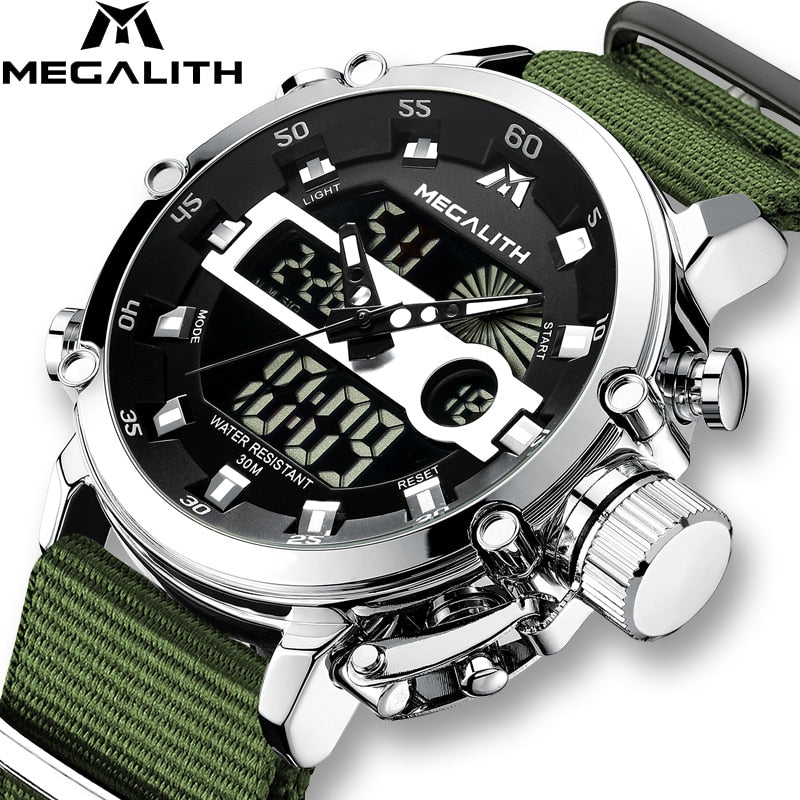 Reloj Masculino MEGALITH, relojes deportivos impermeables, relojes luminosos de doble pantalla con alarma, marca superior de lujo de reloj de cuarzo, venta al por mayor 8051