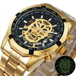 Golden Automatic Watch Men Steel Strap Skeleton Mechanical Skull Watches