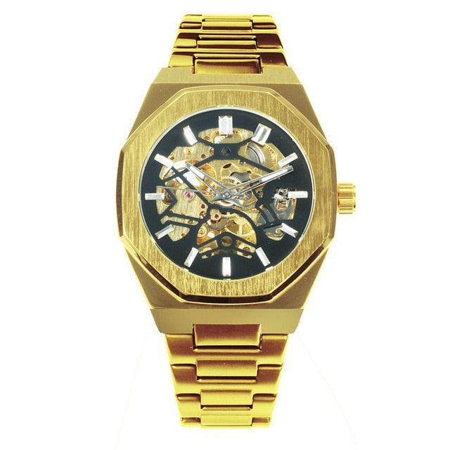 Golden Automatic Watch Men Steel Strap Skeleton Mechanical Skull Watches