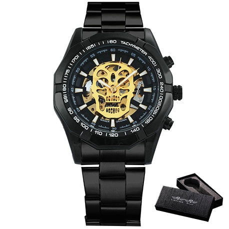 Golden Automatic Watch Men Steel Strap Skeleton Mechanical Skull Watches