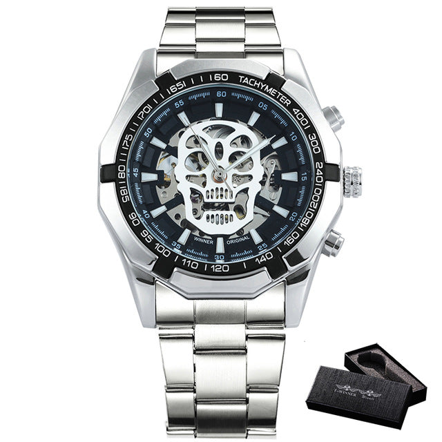 Golden Automatic Watch Men Steel Strap Skeleton Mechanical Skull Watches