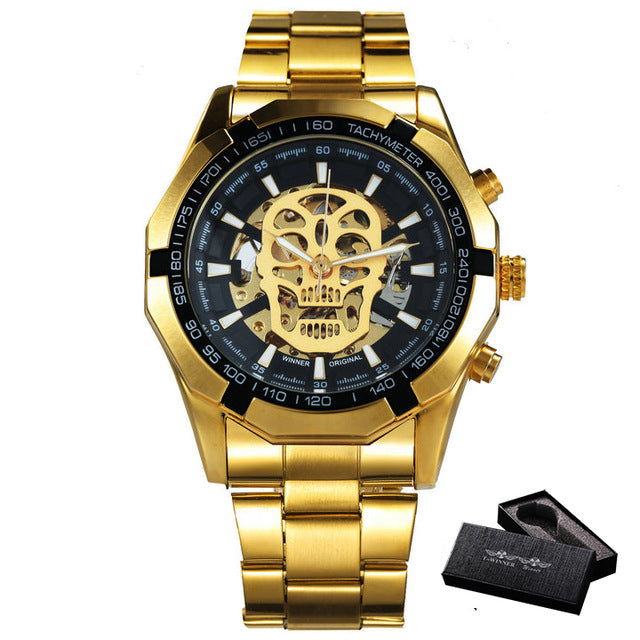 Golden Automatic Watch Men Steel Strap Skeleton Mechanical Skull Watches