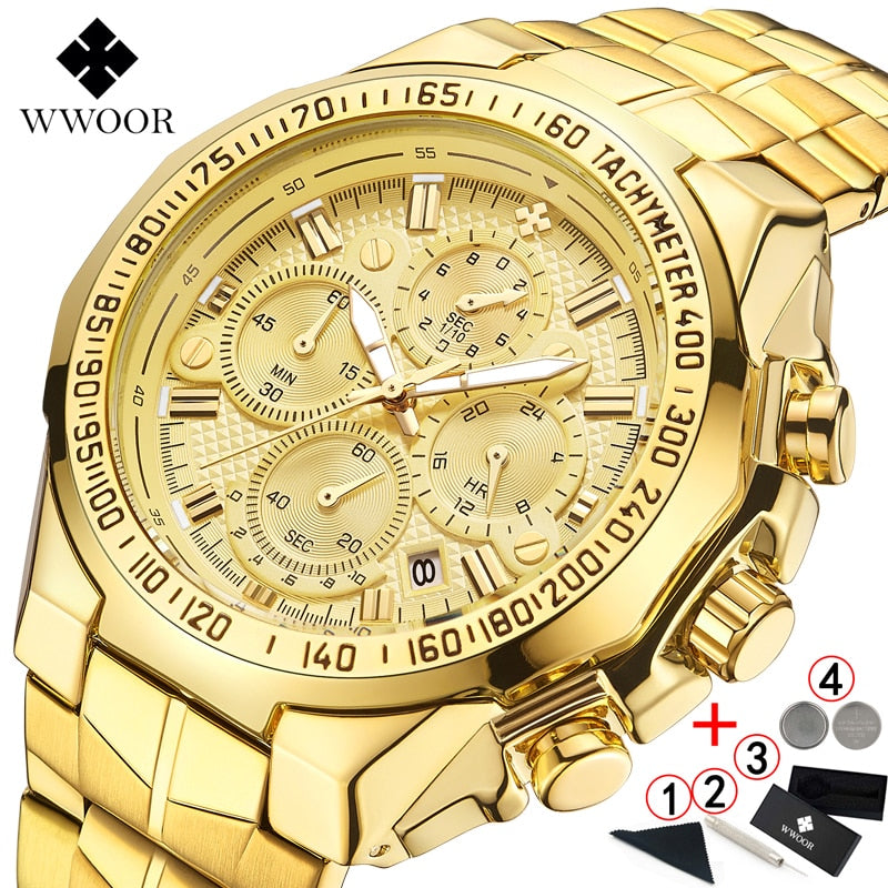 Luxury WWOOR Golden Chronograph Men Watches Gold Big Male Wristwatch Man